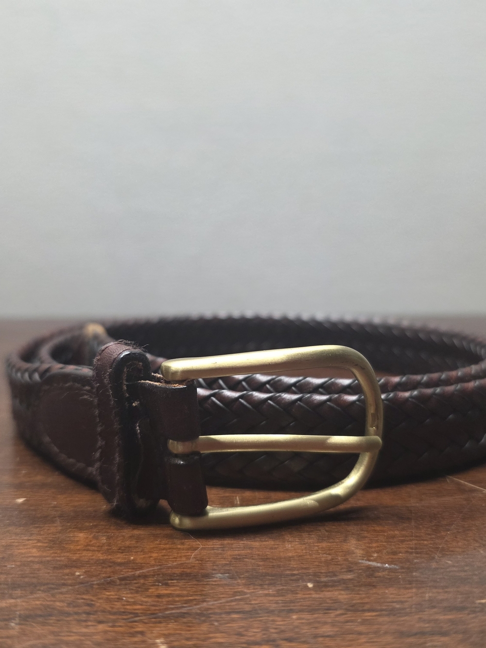 Perry Ellis Woven Leather Belt in Dark Brown with Brass Buckle